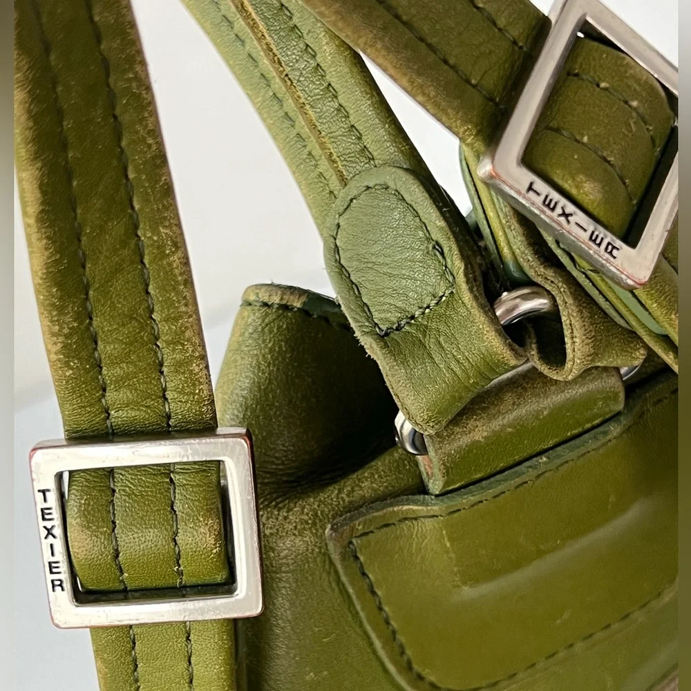 Texier France Leather Retro Avocado Green and Brown Envelope Style Backpack RARE - Picture 2 of 15